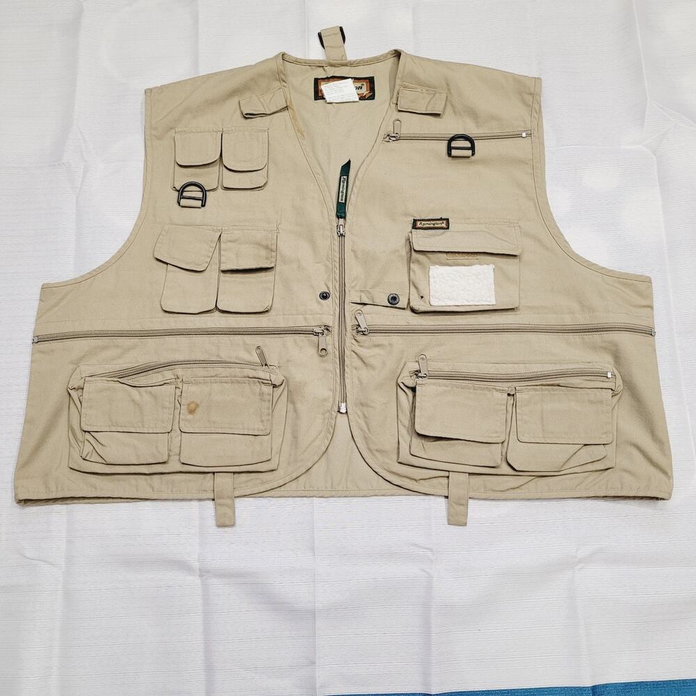 Vtg Remington Vest Mens XXL Brown Fly Fishing Full Zip Pockets Outdoors Cotton